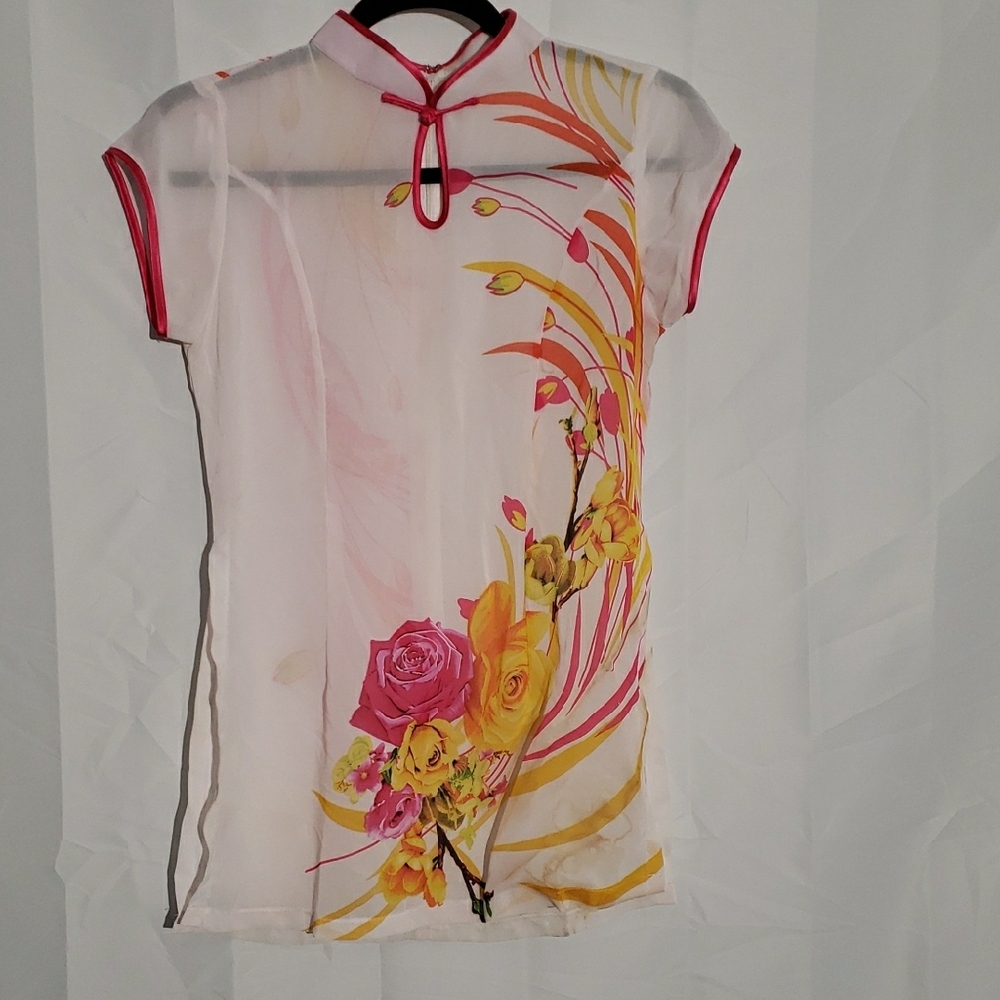 100% silk Asian Floral Sheer Top with Pink Accents . Size small. Pink yellow.